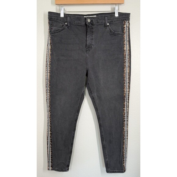 Topshop Moto Jamie High Waist Ankle Jeans‎ Black Leopard Stripe W36 L30 US 14 - Picture 1 of 12